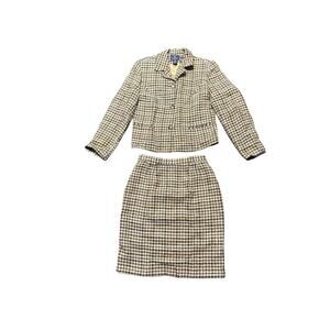 vintage chelsea cambell brown beige wool Blazer skirt suit set Tweed Plaid